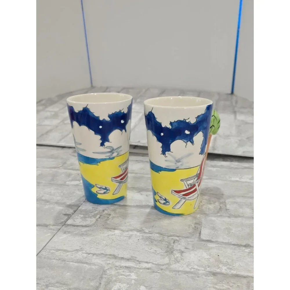 Lot of 2 Mugs Florida Marketplace‎ Painted Beach Theme Palm Tree Handles 2004
